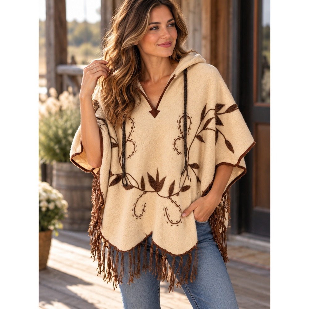Unbranded Hooded Poncho Women OS Cream Good Boho Embroidered Fringe Cape